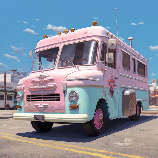 Pink and blue retro ice cream truck in town, created using generative ai technology - Download Free Stock Photos Pikwizard.com