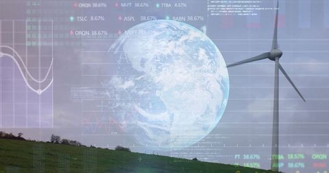 Renewable Energy Concept with Wind Turbine and Earth Data Overlay