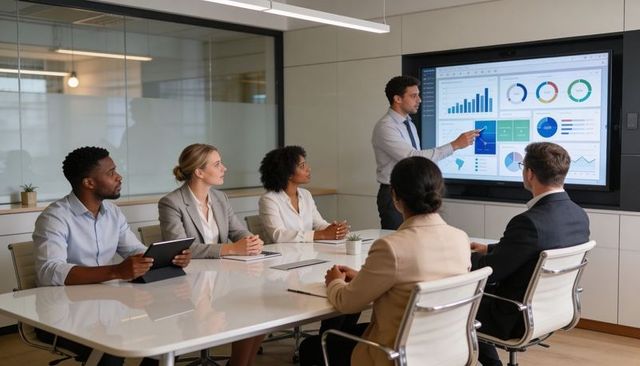 Executive presenting analytics dashboard to diverse team during boardroom meeting