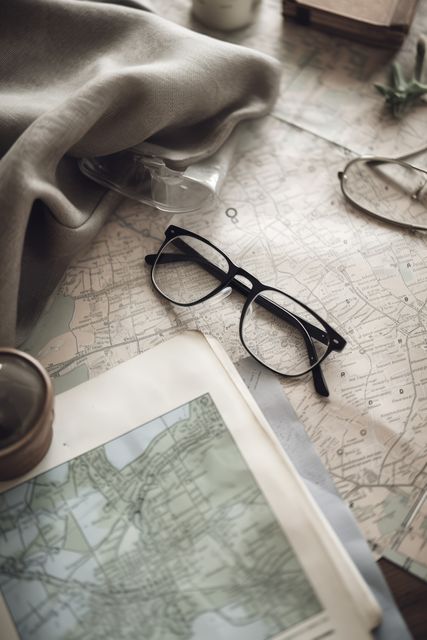 Glasses, travel blanket and maps, copy space, created using generative ai technology. Travel, adventure, exploration and vacations, digitally generated image.