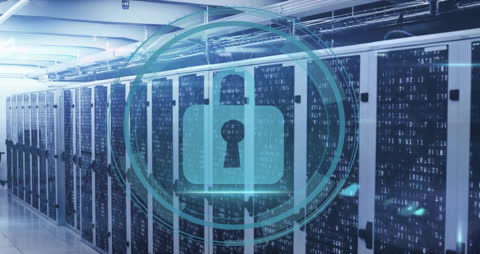 Cybersecurity Concept of Data Processing Over Server Racks