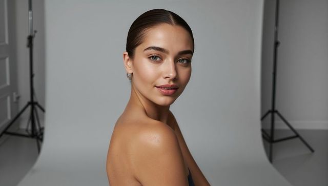 Minimalist beauty portrait of female model with glowing skin and strapless top, neutral studio