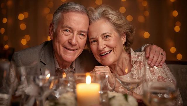 Senior couple celebrating romantic candlelight anniversary dinner under warm bokeh lights