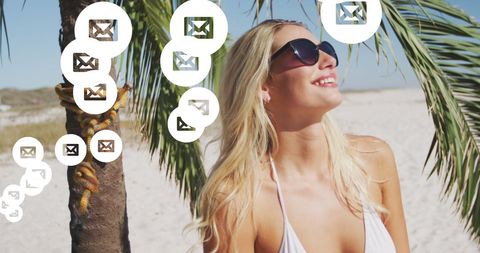 Cheerful Woman Enjoying Beach with Social Media Influences