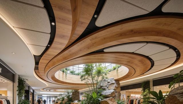 Circular wooden skylight ceiling bringing natural light into biophilic mall atrium