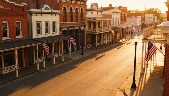 Small town main street at golden hour with american flags and historic storefronts