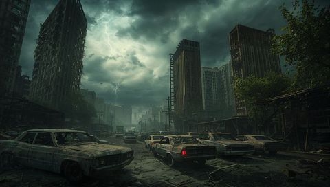 Post-Apocalyptic Cityscape with Rusted Cars and Stormy Skies