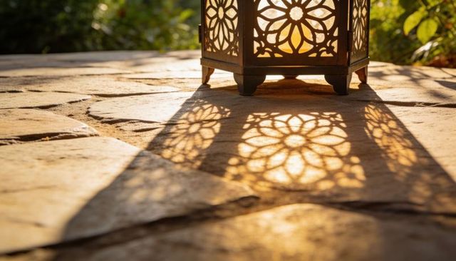 Ornamental lantern casting floral shadow on sunlit flagstone patio warm glow