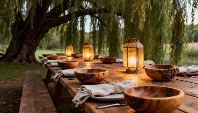 Rustic lakeside alfresco dinner table with glowing lanterns and handcarved wooden bowls