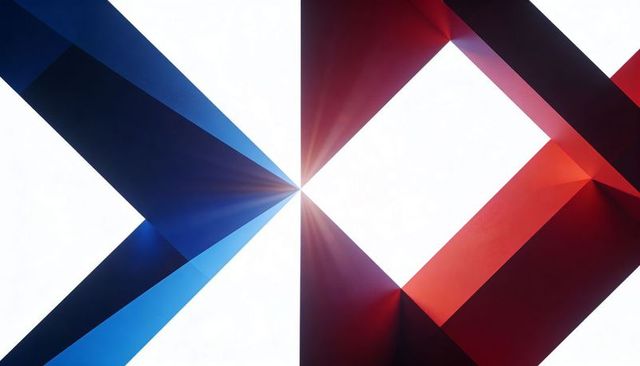 Converging blue red geometric shapes forming bright central column minimalist background