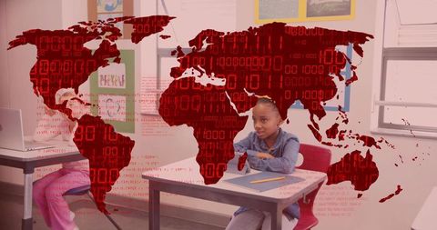 Student in Classroom with Binary Map Background Integrating Technology