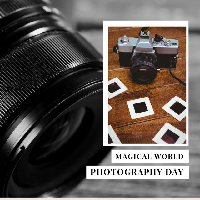 Image of magical image photography day retro camera and frames and camera lens. Photography, creation and memories concept.