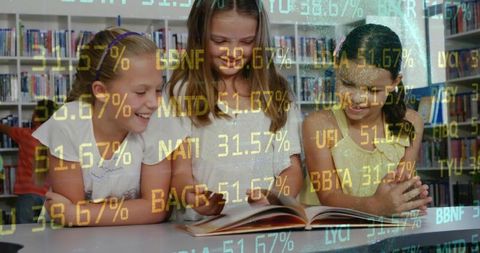 Young students learning with digital data overlay in modern library