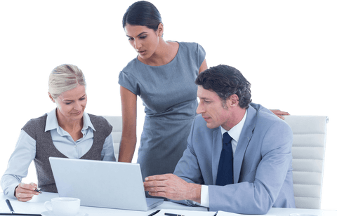 Business professionals engaging in a meeting using a laptop. 