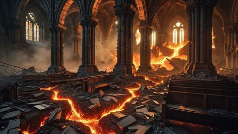 Apocalyptic hell scene: lava erupting through ruined gothic cathedral