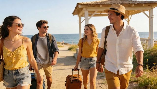 Friends walking sunlit coastal path pulling luggage, summer beach vacation, seaside travel lifestyle