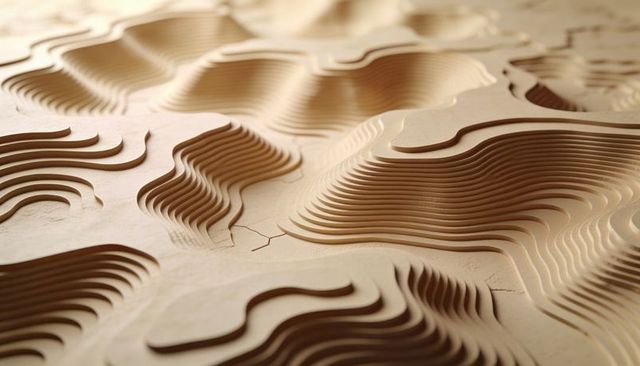 Layered plywood topography model carving organic contour hills with warm wood tones