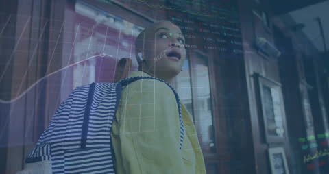 Woman Analyzing Data with City Background Overlay