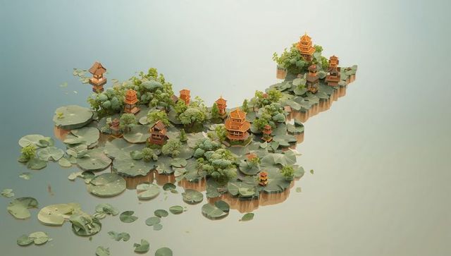 Floating Island Fantasy with Pagodas and Lily Pads