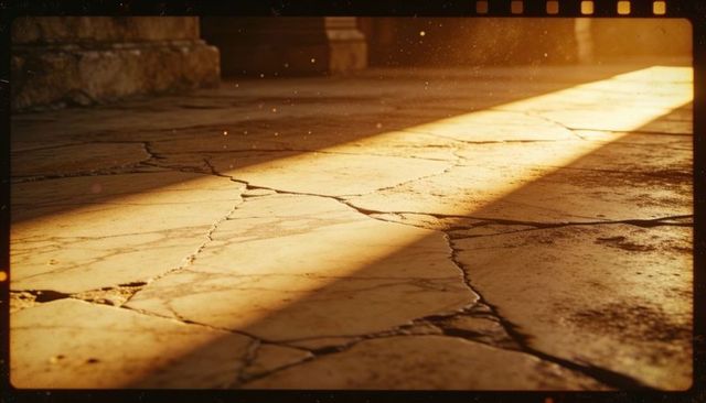 Sunlit cracked stone floor inside historic interior with vintage film border