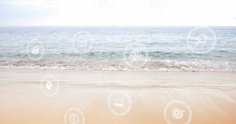 Digital Technology Icons Overlay on Tranquil Seashore