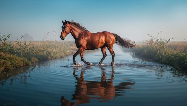 Horse Strolling Through Stream in Tranquil Meadow Scene