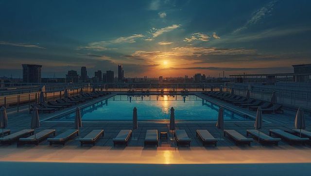 Sunset reflections on rooftop pool with lounge chairs and city skyline, modern city luxury