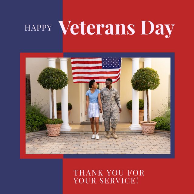 Composition of happy veterans day text over african american male soldier with wife. Veterans day and celebration concept digitally generated image.