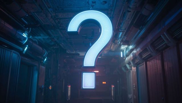 Glowing Question Mark in Futuristic Industrial Tunnel