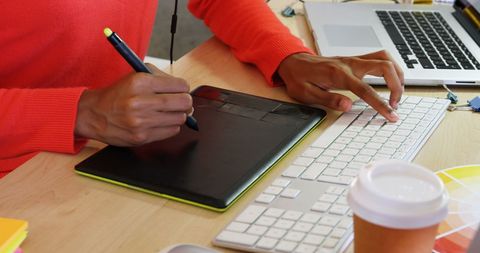 Designer Using Graphic Tablet and Computer at Desk - Download Free Stock Images Pikwizard.com