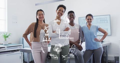 diverse group of people smiling and posing confident in bright modern office. superimposed digital icons representing global business influence and technological advancements. ideal for themes showcasing teamwork, innovation, and diversity in professional settings. useful for advertisements in corporate inclusivity and advancement of digital business solutions.