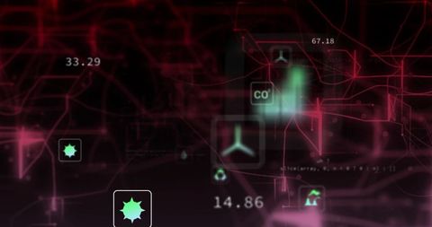 Holographic neon network dashboard with glowing glyphs, data readouts and ui clusters