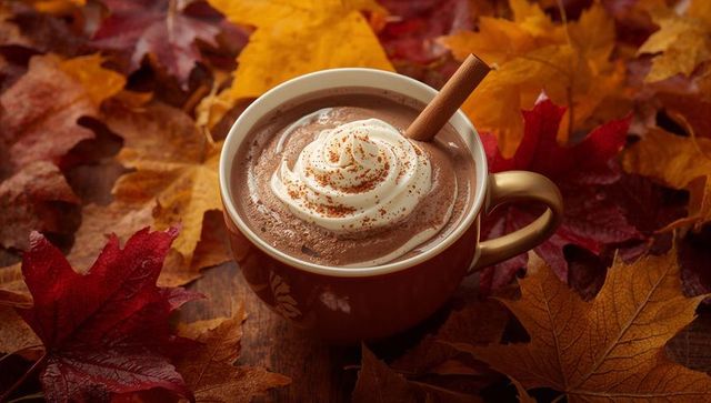 Rustic autumn hot chocolate with whipped cream and cinnamon