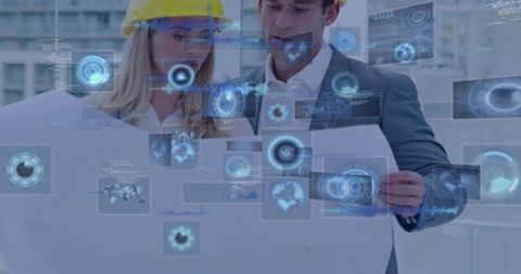 Engineer and Manager Reviewing AR-Enhanced Blueprint for Smart Urban Construction