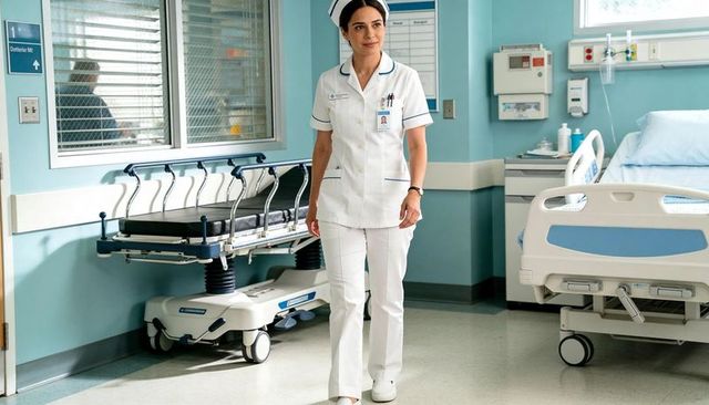 Nurse walking in hospital ward wearing white uniform and cap with id badge passing stretcher