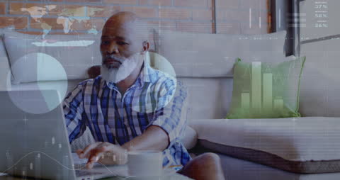 Elderly Man Analyzing Data on Laptop with Global Infographics