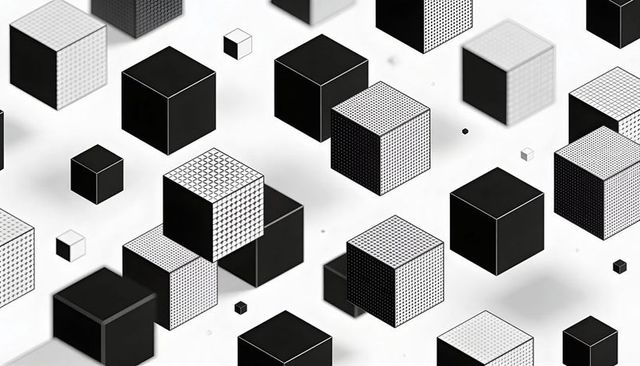 Floating monochrome cubes with halftone and grid patterns creating isometric depth