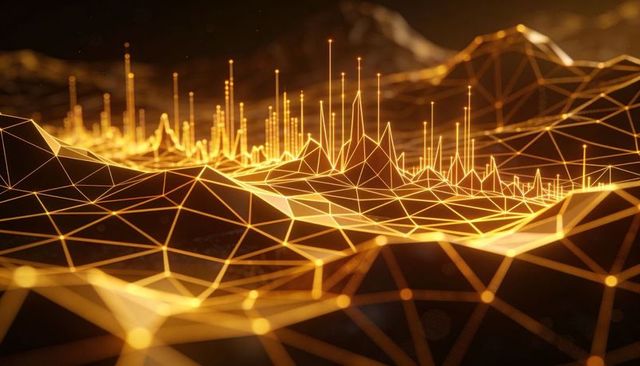 Glowing golden wireframe terrain rippling with neon data spikes and polygon grid