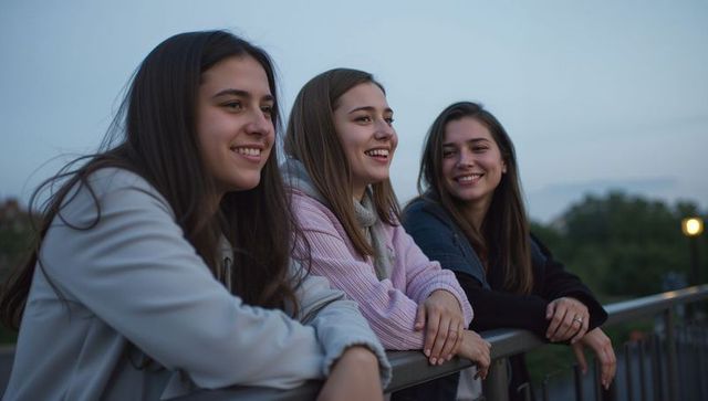 Three young women leaning on bridge railing at dusk smiling and chatting