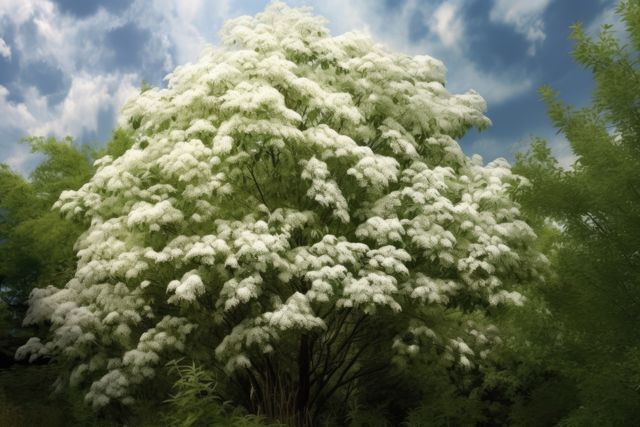 Blooming white elderberry tree with abundant flowers and lush green foliage. Tree set against a partly cloudy sky, indicating a serene environment. Perfect for use in nature-related articles, landscape photography collections, gardening blogs, or outdoor adventure promotions.