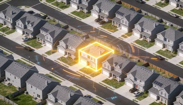 Smart home selection highlighting single house with digital glow in suburban grid