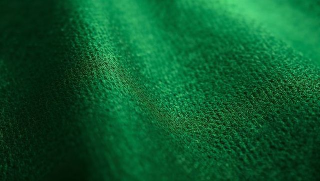 Emerald green fabric macro displaying fine fiber nap, diagonal fold, rich textile texture