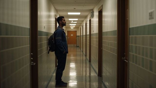 Solitary student standing in quiet institutional corridor wearing backpack and tracksuit