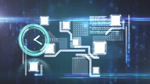 Digital Clock and Circuitry Concept with Futuristic Data Overlay