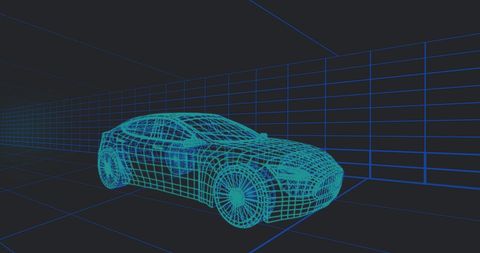 Futuristic Wireframe Digital Car with Data Processing Icons