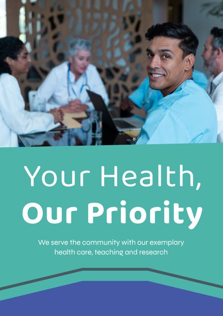 A medical professional is smiling in front of a meeting with colleagues. This evokes trust and confidence in the healthcare service provided. Use this for healthcare advertisements, brochures, community outreach, and promotional materials emphasizing trust and quality in medical services.