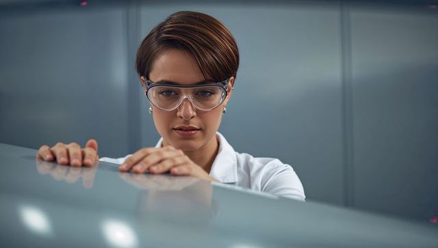 Lab technician aligning equipment with precision and focus
