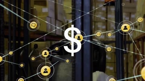 Digital Connectivity in Warehouse with Dollar Symbol Overlay
