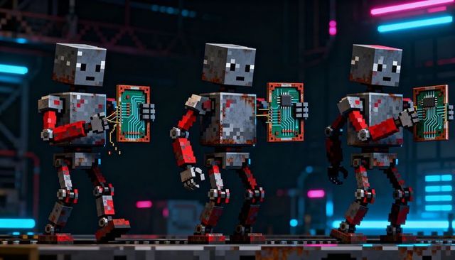 Synchronized Voxel Robots Walking with Circuit Boards in Neon Industrial Assembly Bay