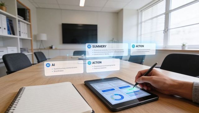 Tablet stylus controlling AR analytics dashboard in boardroom for AI-driven insights